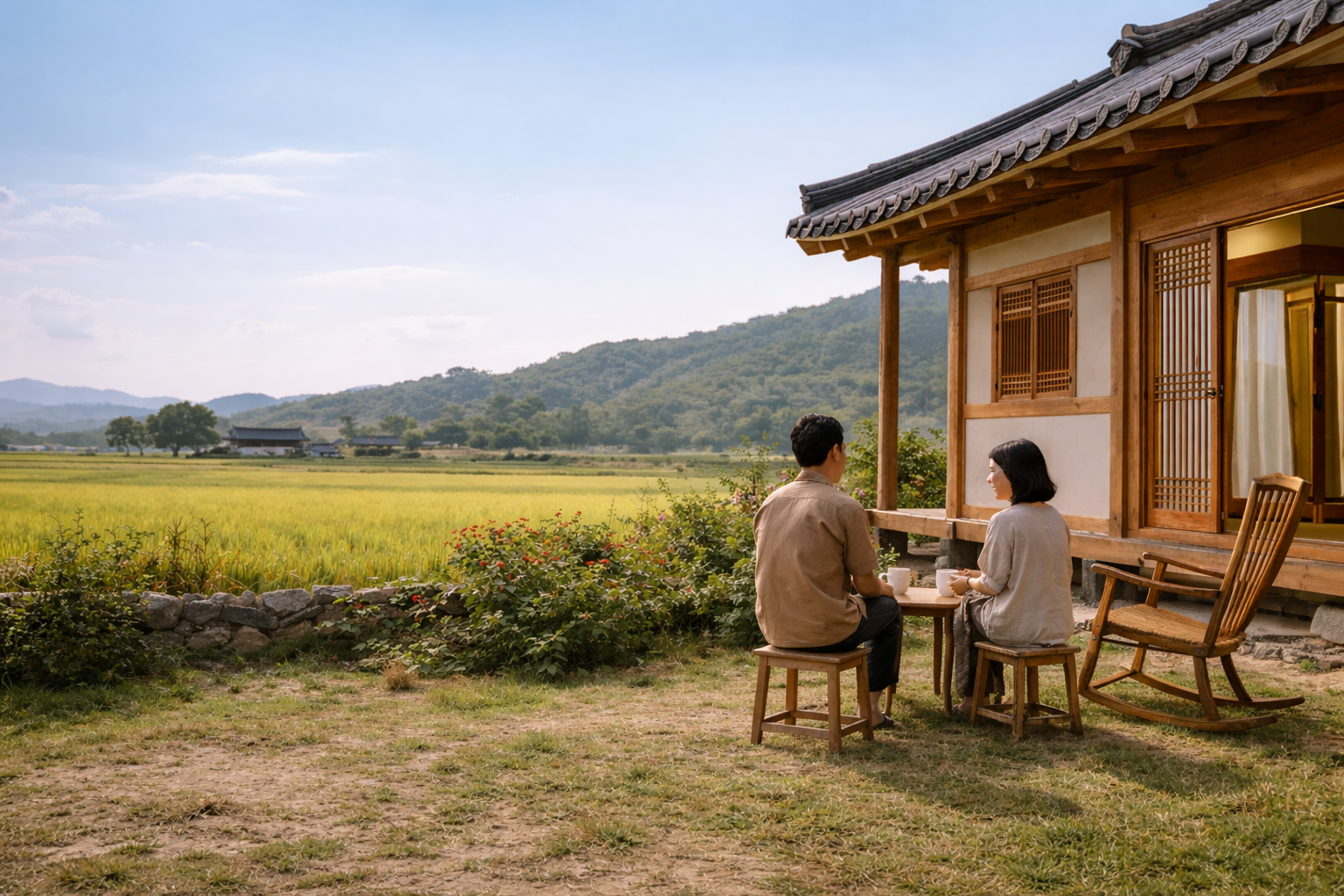 Susin Healing Farm - two people enjoying tea by a traditional Korean hanok overlooking rice fields